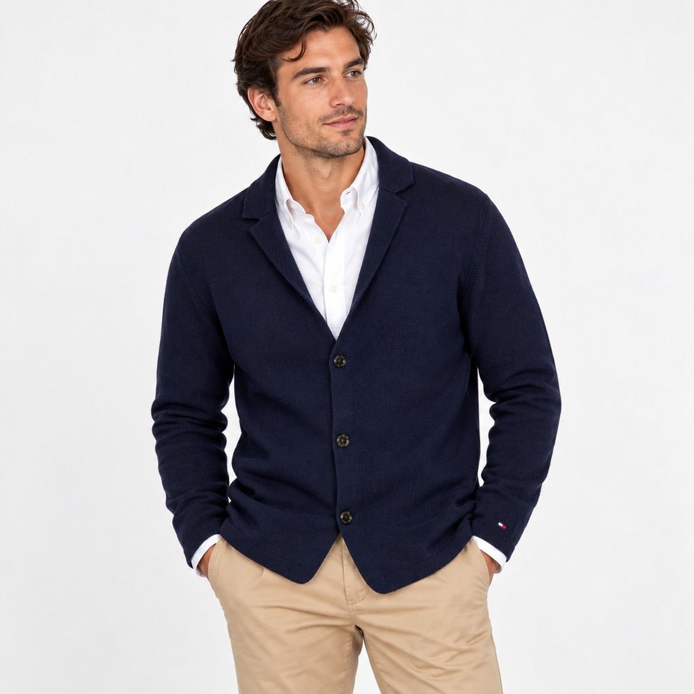 Tommy Hilfiger Wool Blend Knit Blazer Cardigan Sz M Navy Quiet Luxury Preppy